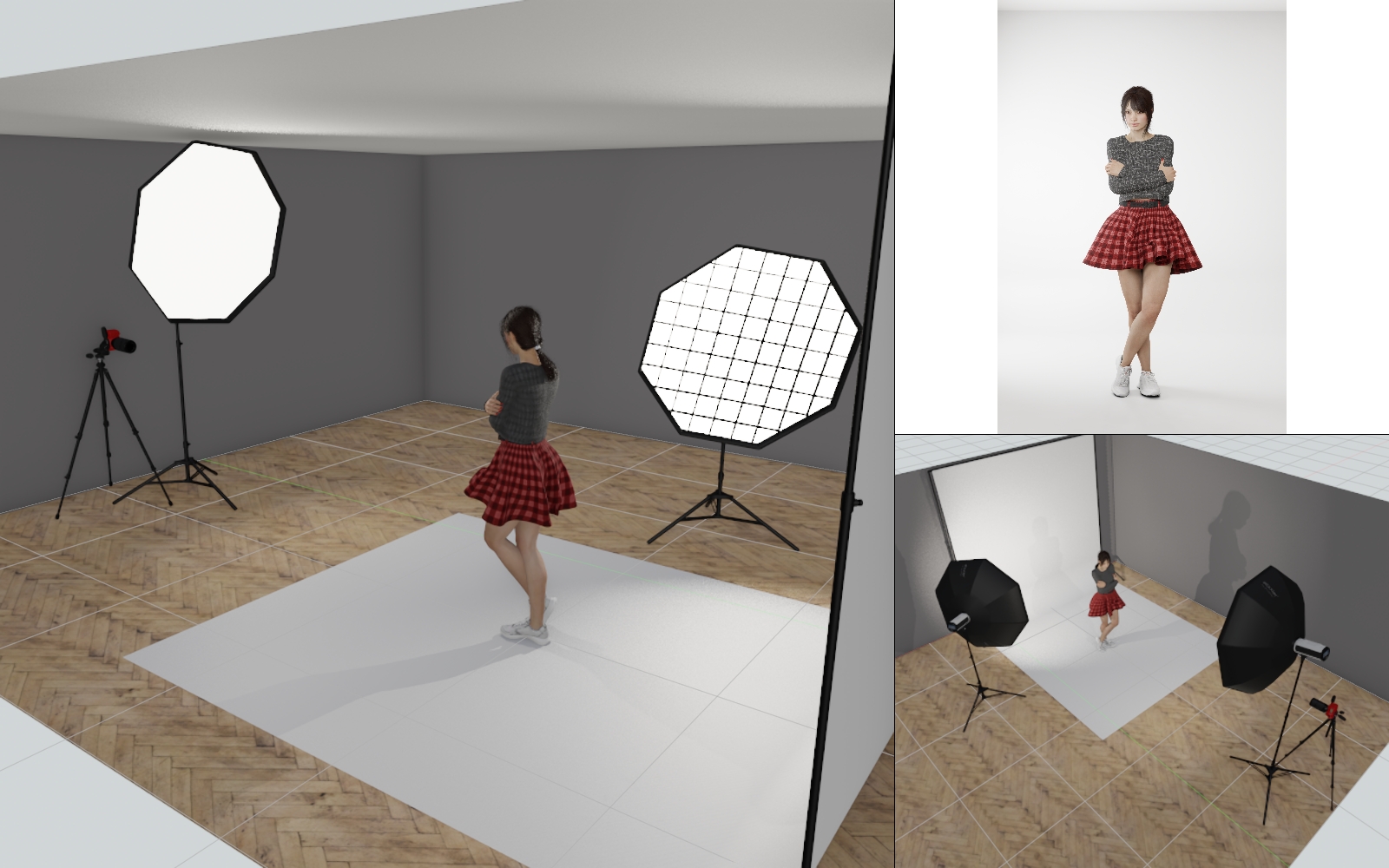 Ustawienie lamp w studio: oktabox frontalnie i softbox z gridem na tło